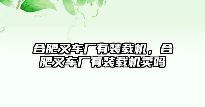 合肥叉車廠有裝載機，合肥叉車廠有裝載機賣嗎